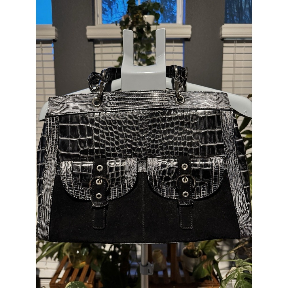 Charlie Lapson‎ Black Leather Croc Print Hangbag